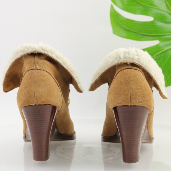 Michael Kors Womens Rory Boot Size 7.5 Tan Suede Wedge Heel Lace Up Sherpa Lined - Picture 5 of 12